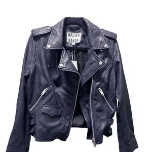 NEW Walter Baker Women’s Navy Leather Size Large Biker Moto Jacket NEW WITH TAGS